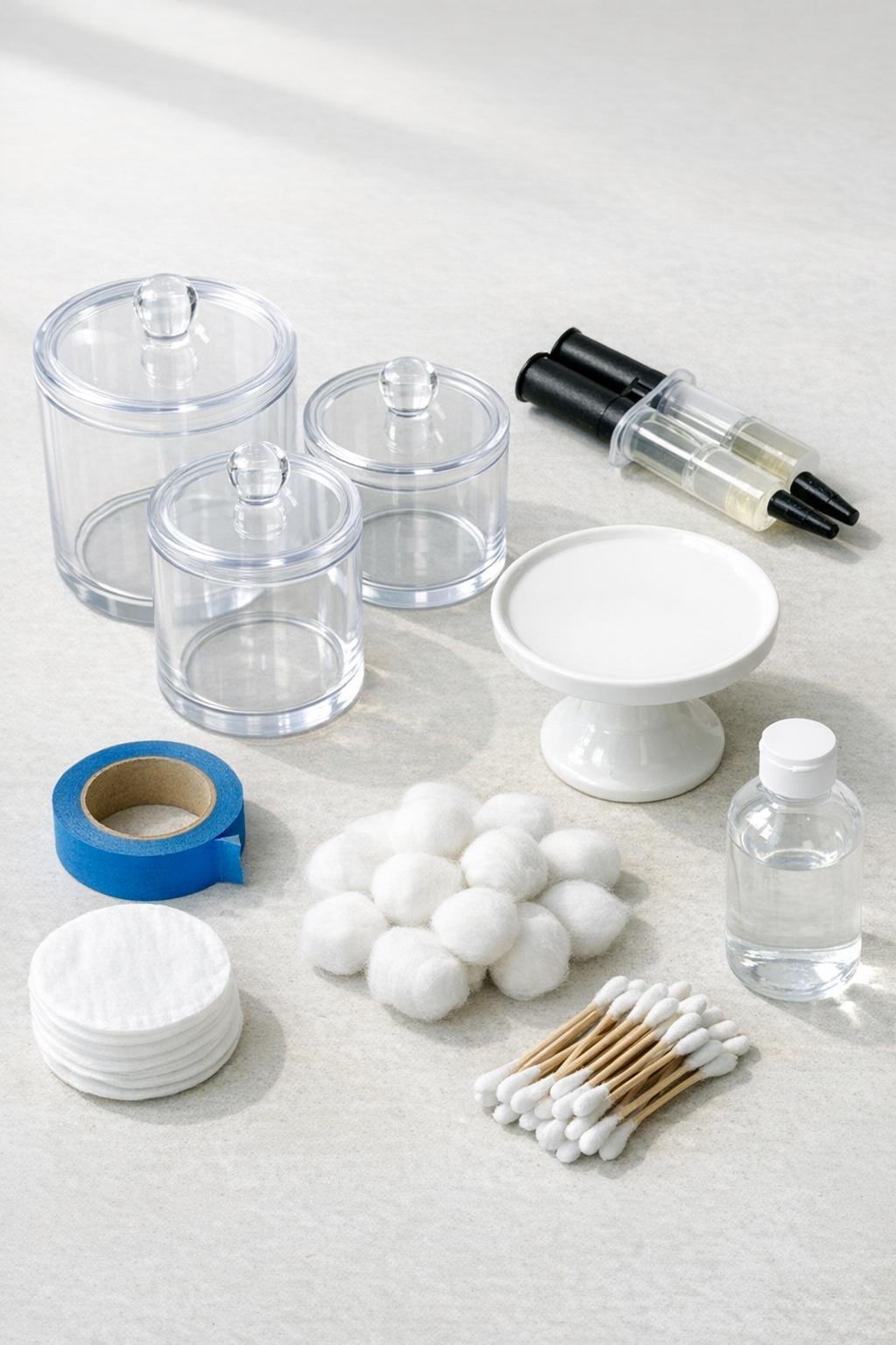 Materials for an acrylic canister bathroom cotton dispenser laid out neatly