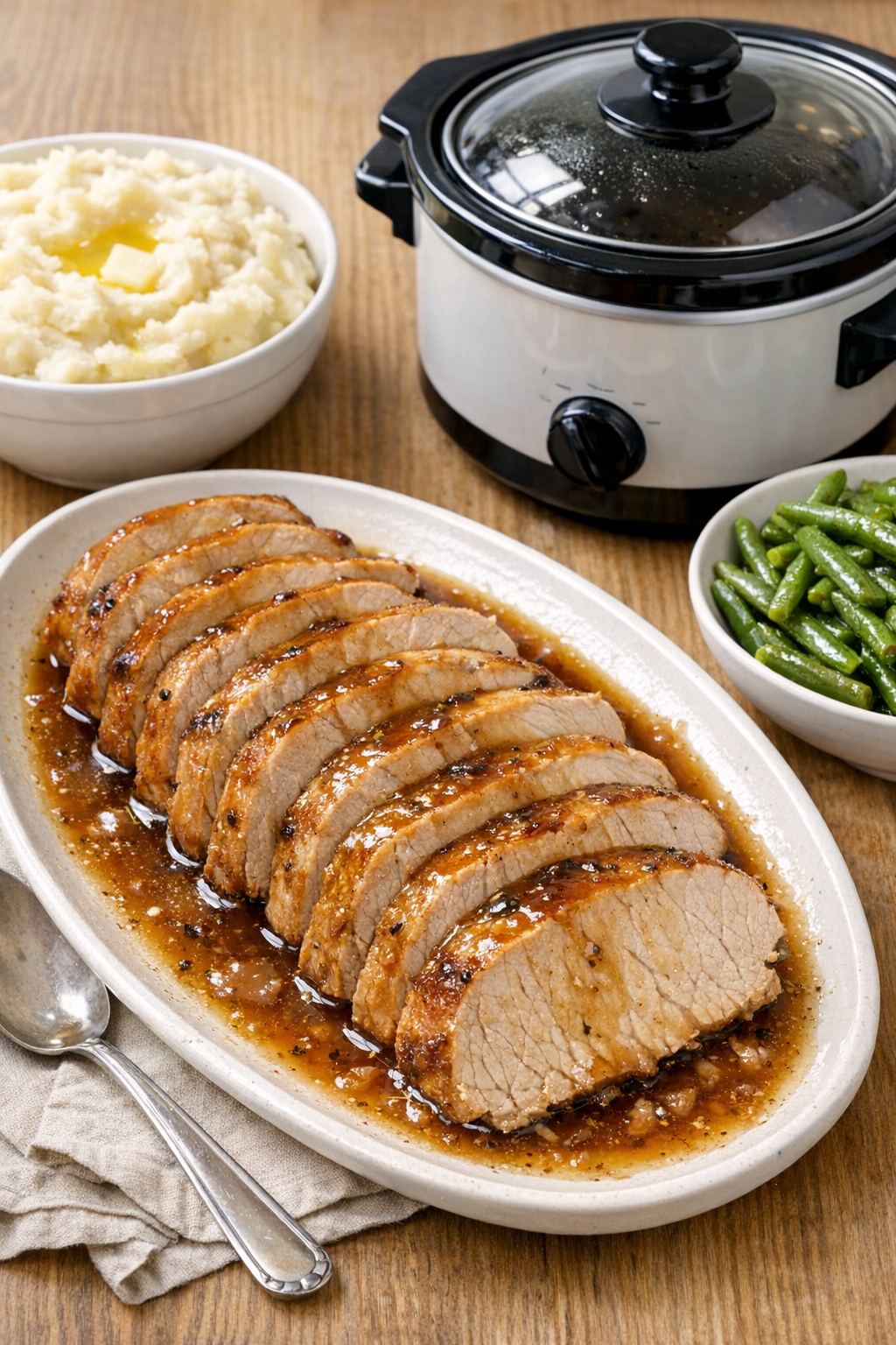 Finished sliced slow cooker pork loin on a platter