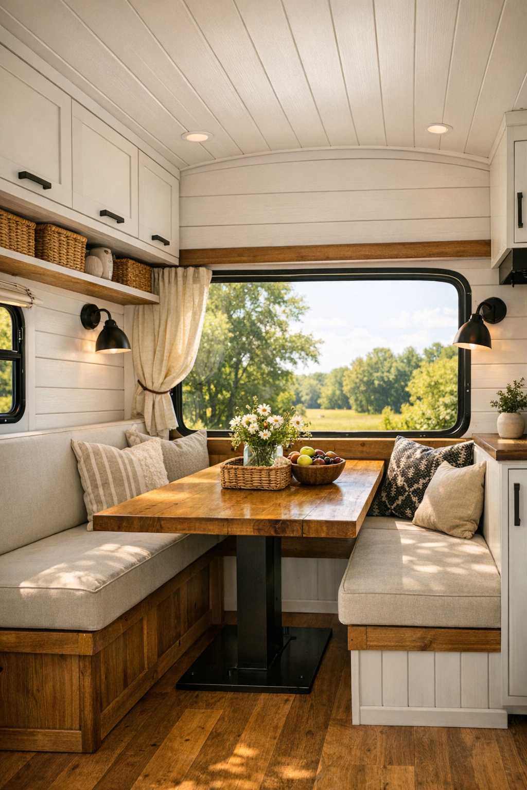 Intimate bus dining nook with built-in benches and a wood table by the window