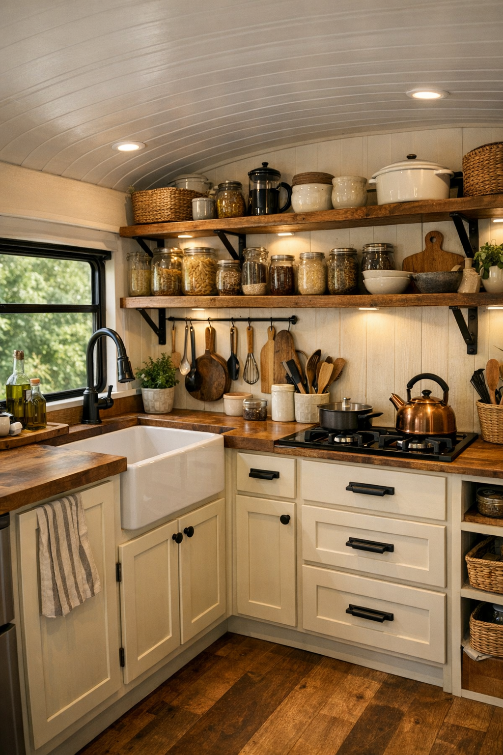 Compact galley kitchen in the bus with creamy cabinets and butcher block counters