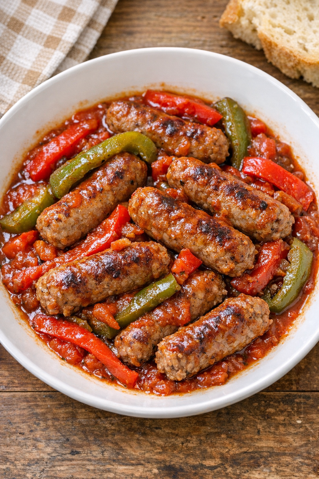 Finished slow cooker sausage links plated with peppers and sauce