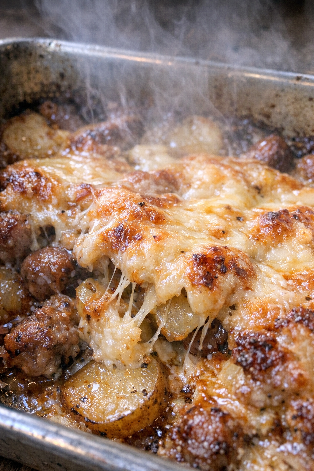 Bubbling caramelized bake in a metal pan