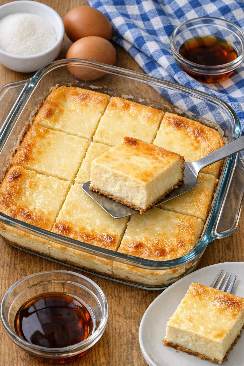 Finished baked cream cheese dessert in glass baking dish