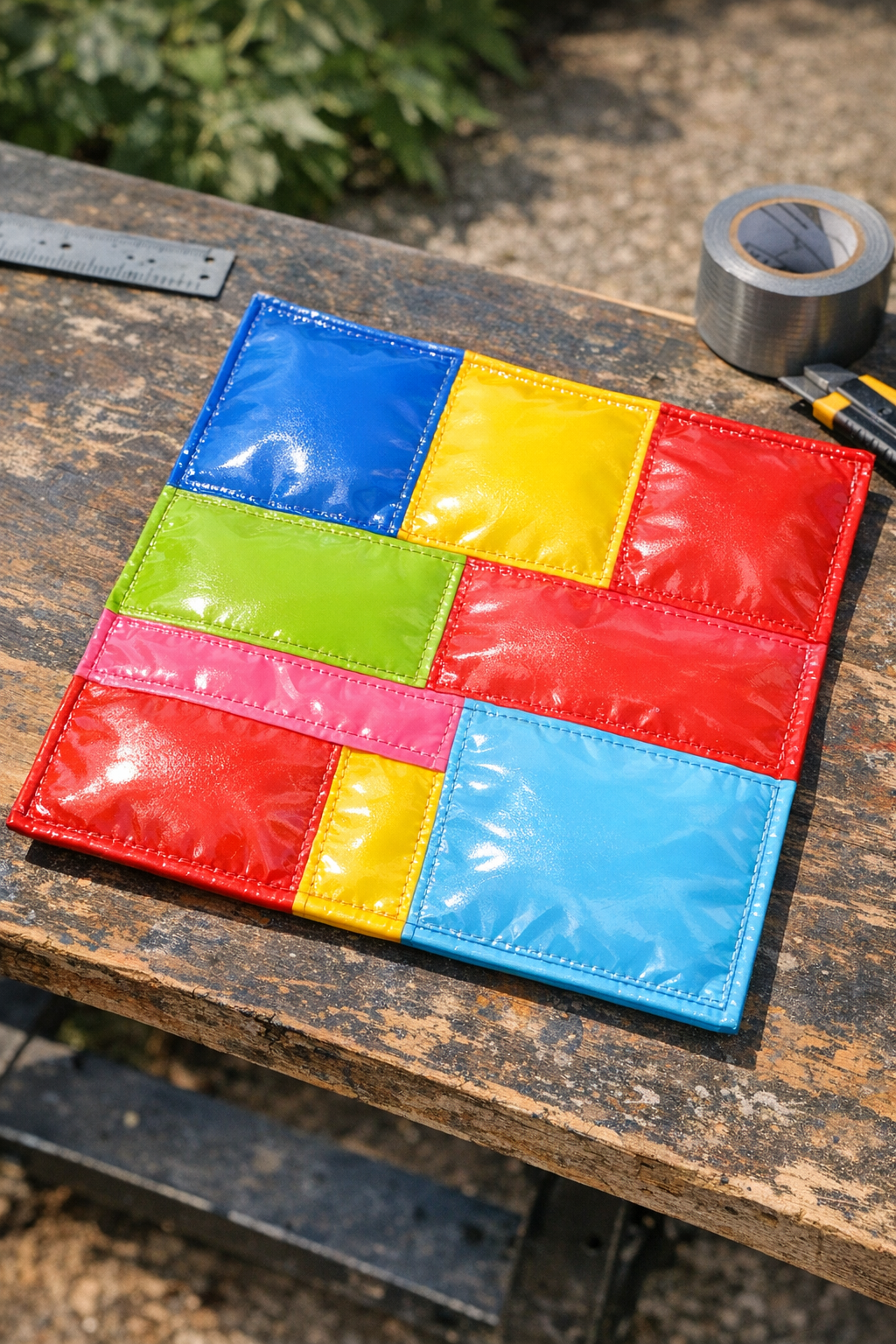Finished weather-proof roof patching sheet made from fused pool float plastic