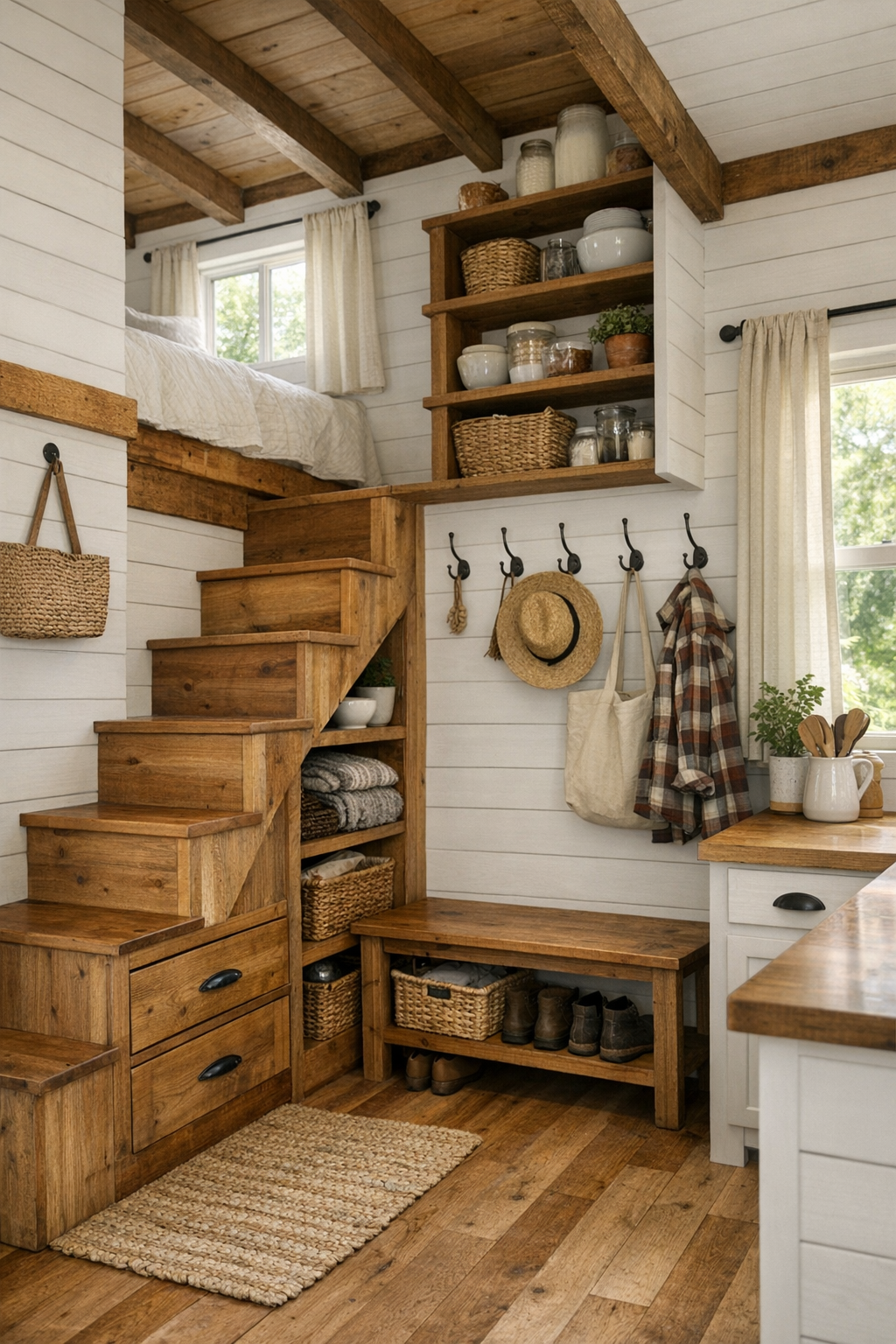 Tiny home loft and storage details with handcrafted woodwork