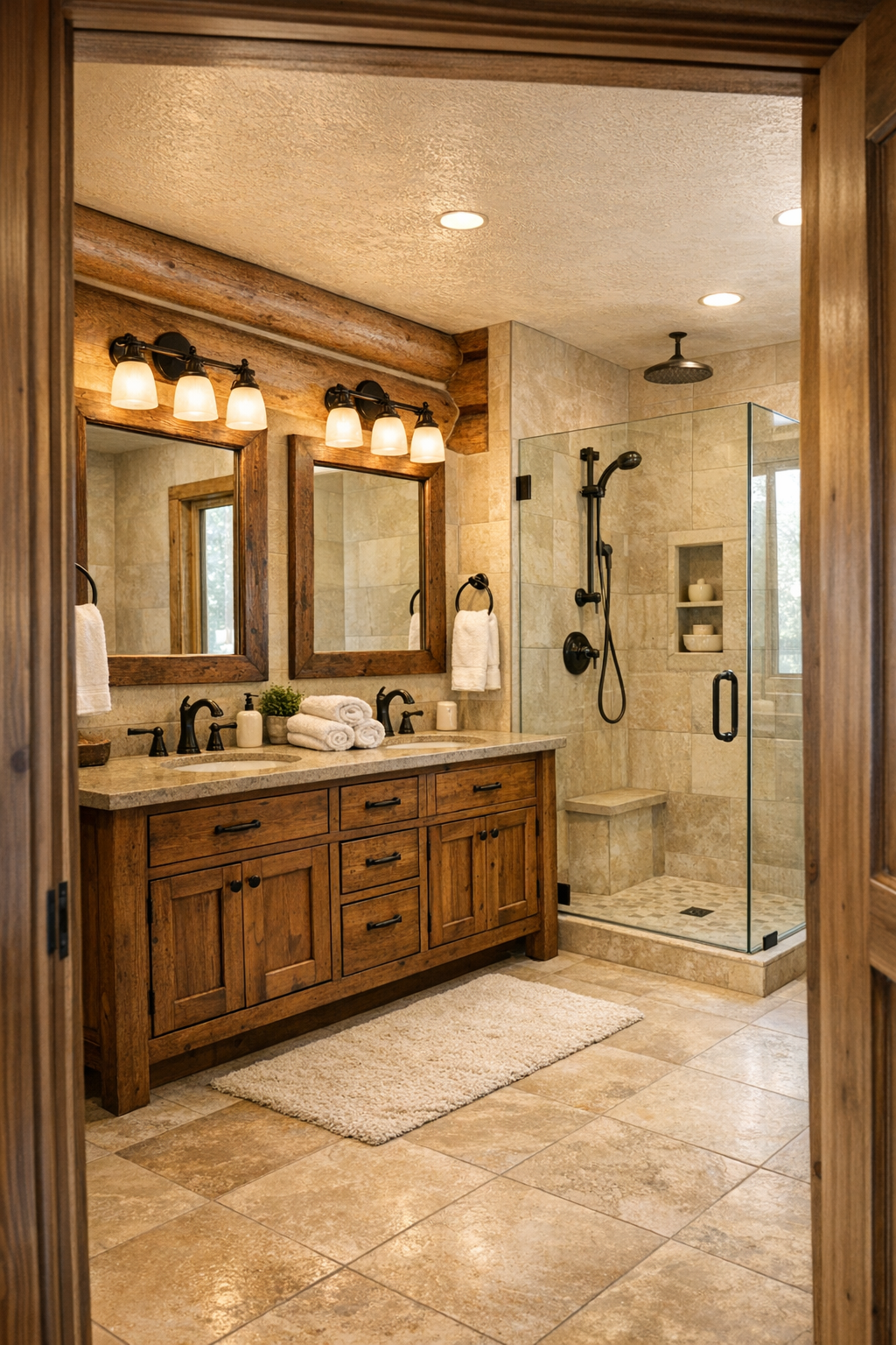 Handcrafted bathroom with wood vanity, stone surfaces, and bright walk-in shower