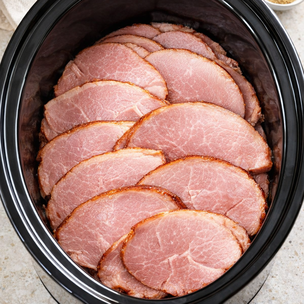 Spiral ham slices layered neatly in a slow cooker