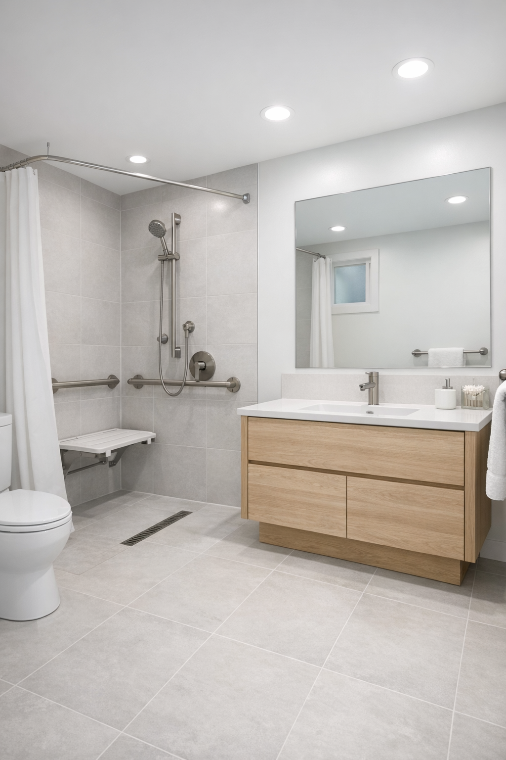 Accessible bathroom with curbless shower and light wood vanity