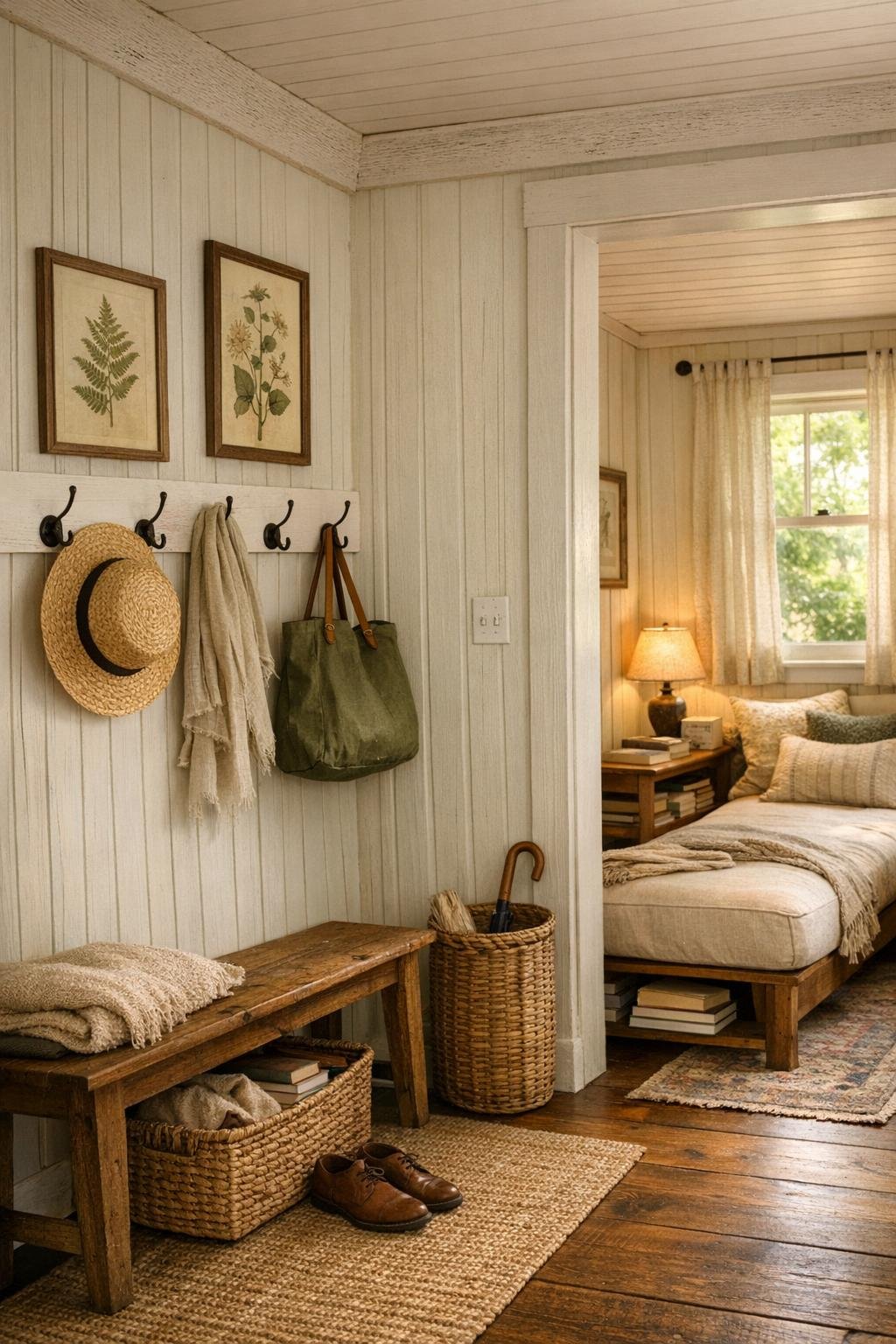 Small cottage entry and extra reading nook with built-in storage