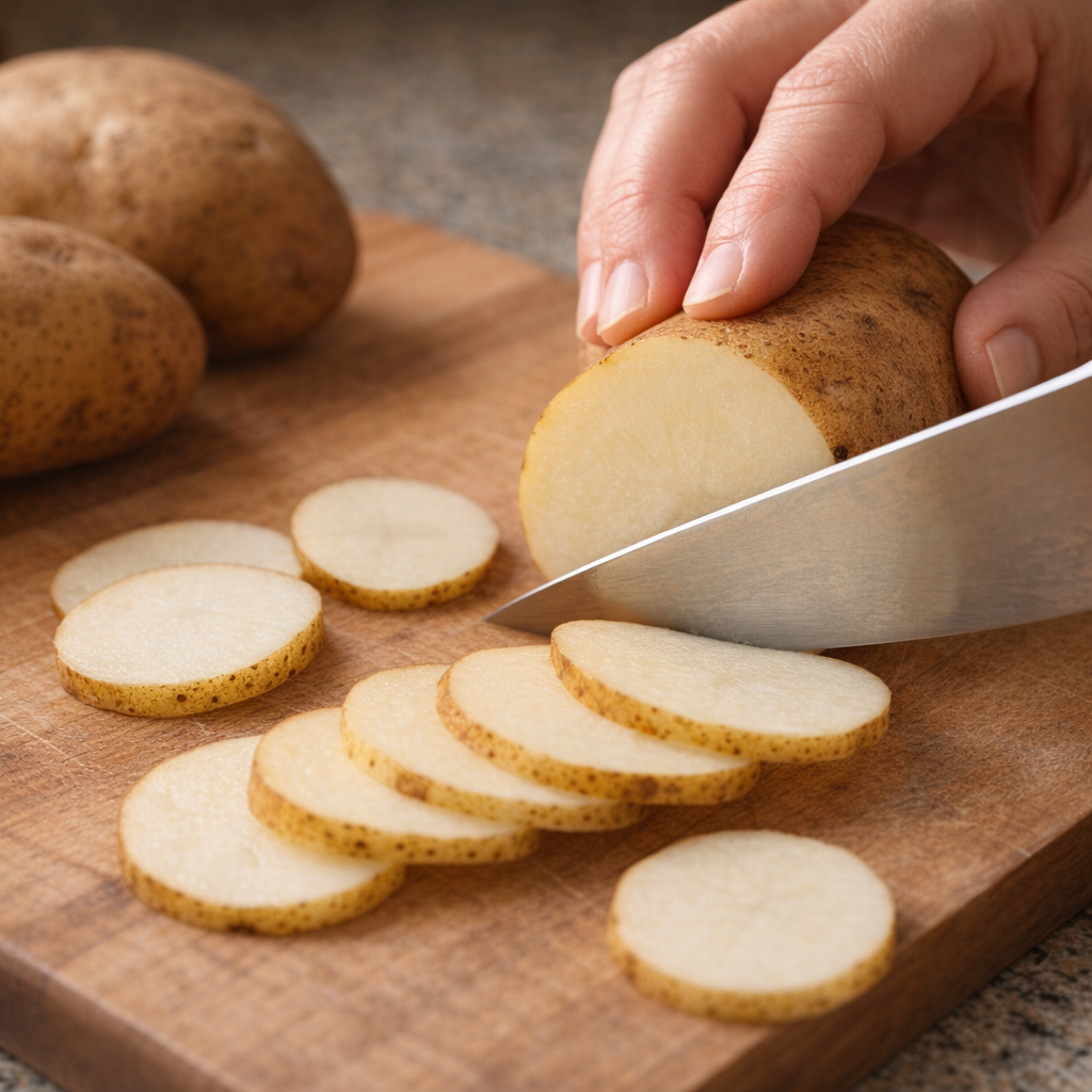 Close-up of russet potatoes being sliced into thin rounds on a cutting board