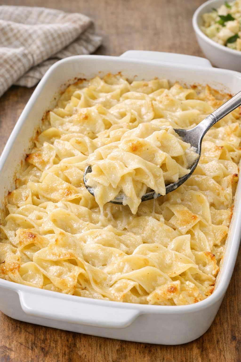 Finished baked Amish evaporated milk noodles in a casserole dish