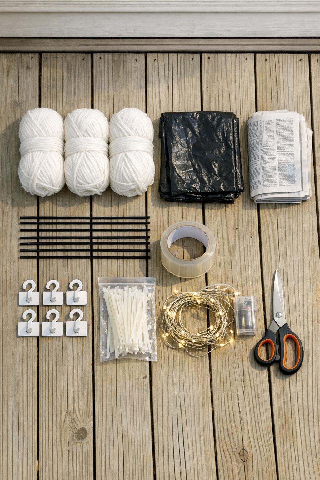 Materials for making a giant porch spider web laid out together