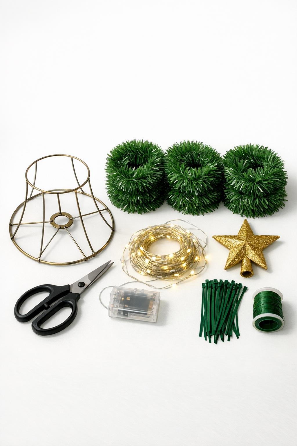 Materials laid out for the lampshade frame holiday project