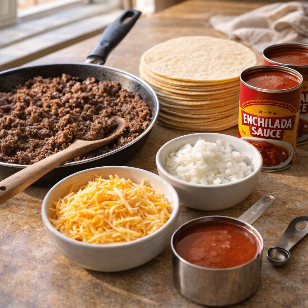 Ingredients for beef enchilada stack arranged on a counter
