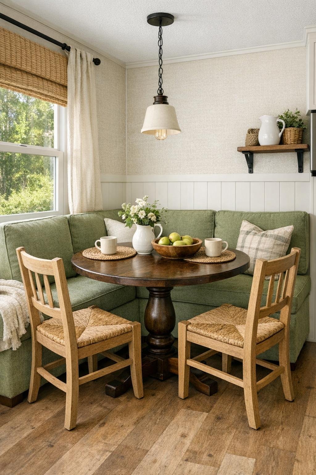 Built-in dining nook with banquette seating and a round pedestal table