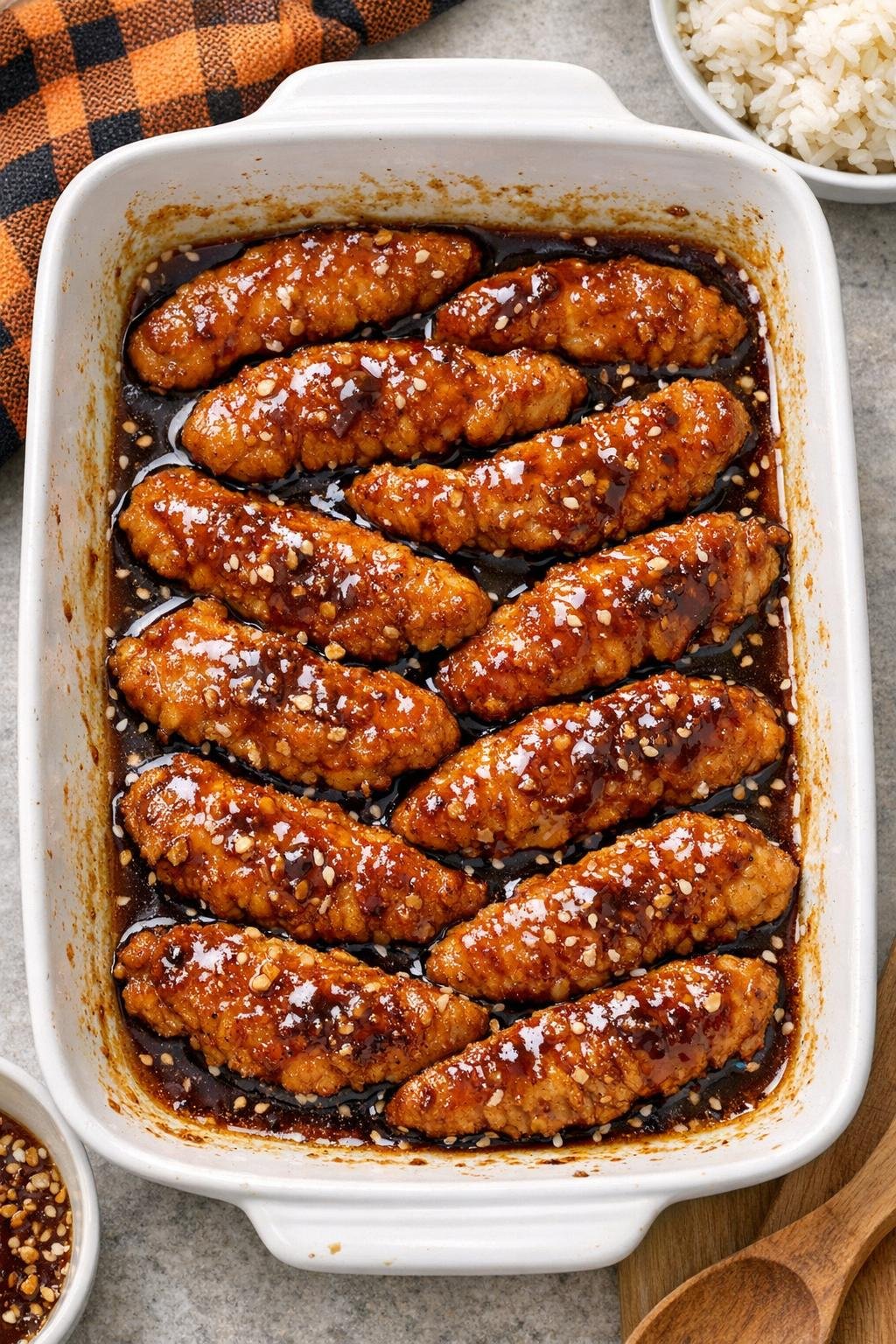 Baked glazed chicken strips in a ceramic baking dish