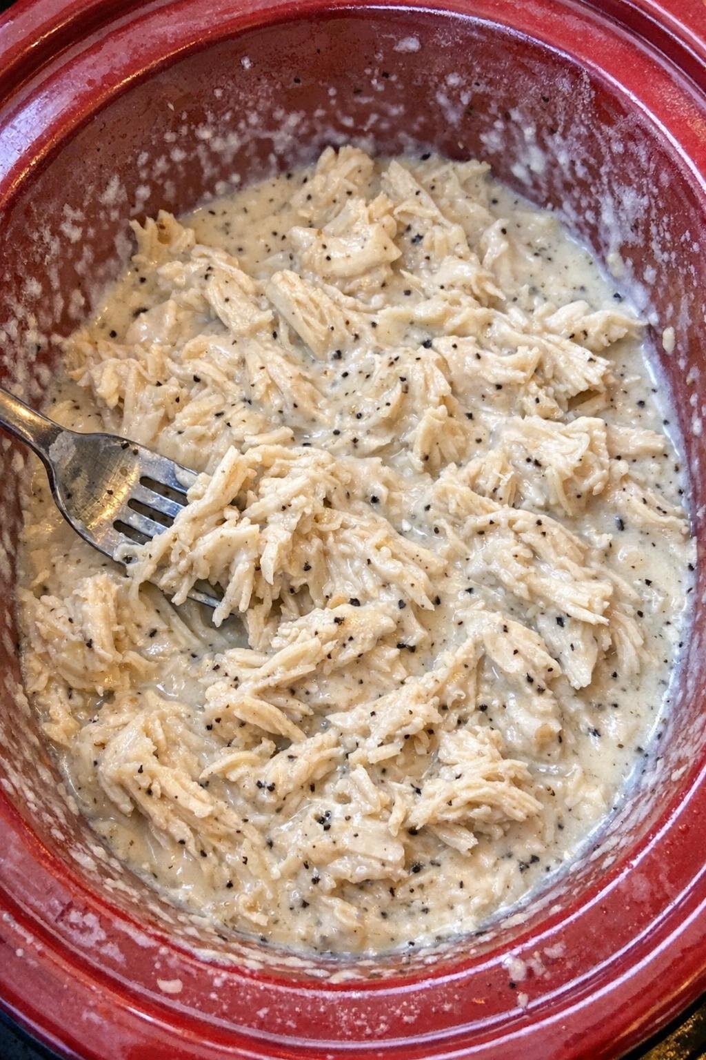 Slow cooker Amish buttermilk chicken in a red slow cooker