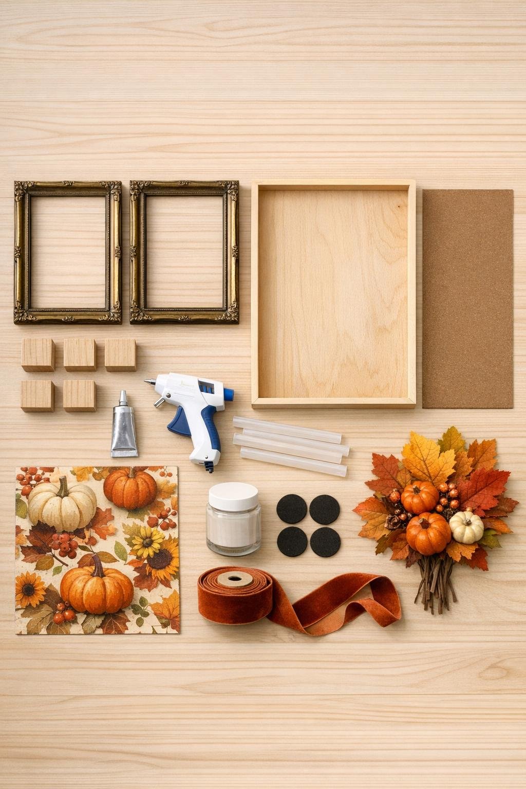 Materials for a brass frame fall serving tray laid out neatly