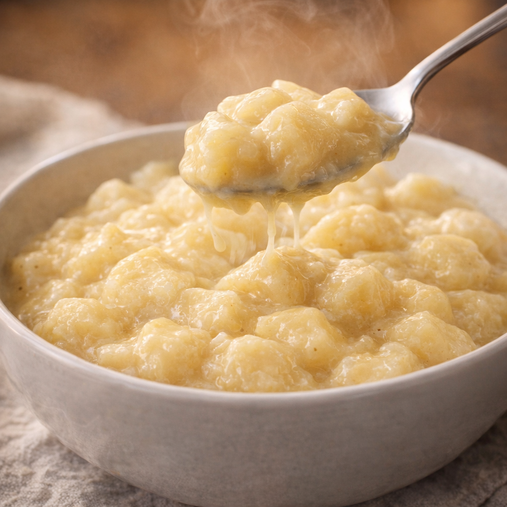 Finished creamy potatoes with a spoonful lifted from the bowl