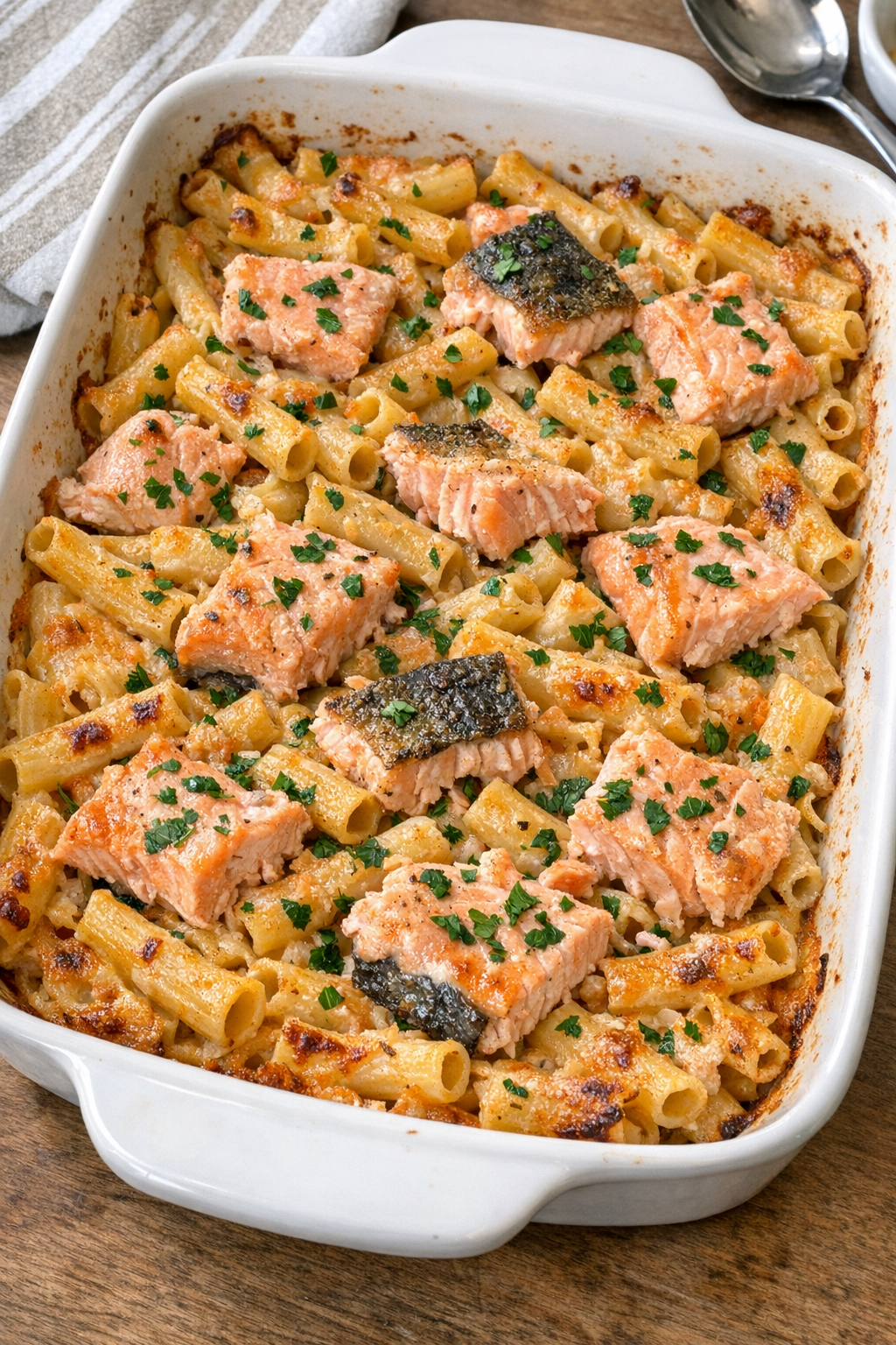 Finished baked salmon ziti in a casserole dish