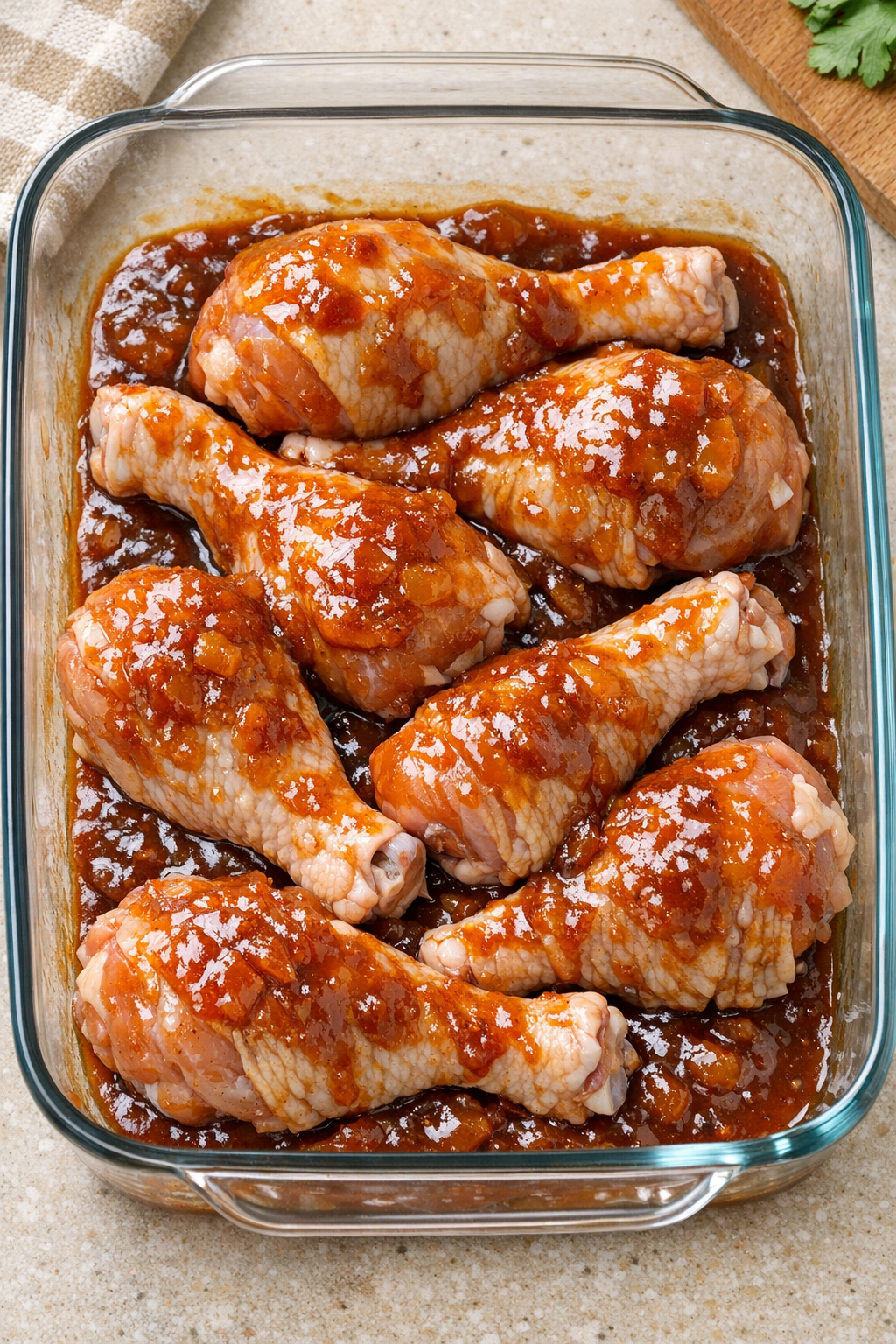 Chicken drumsticks coated with sauce in casserole dish