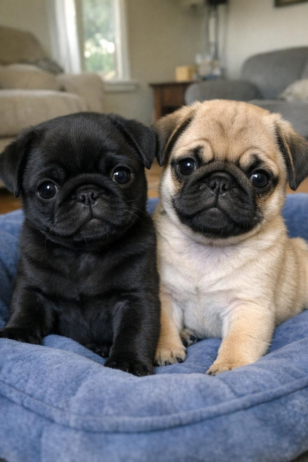 A solid black pug puppy sitting next to a fawn pug littermate on a blue dog bed