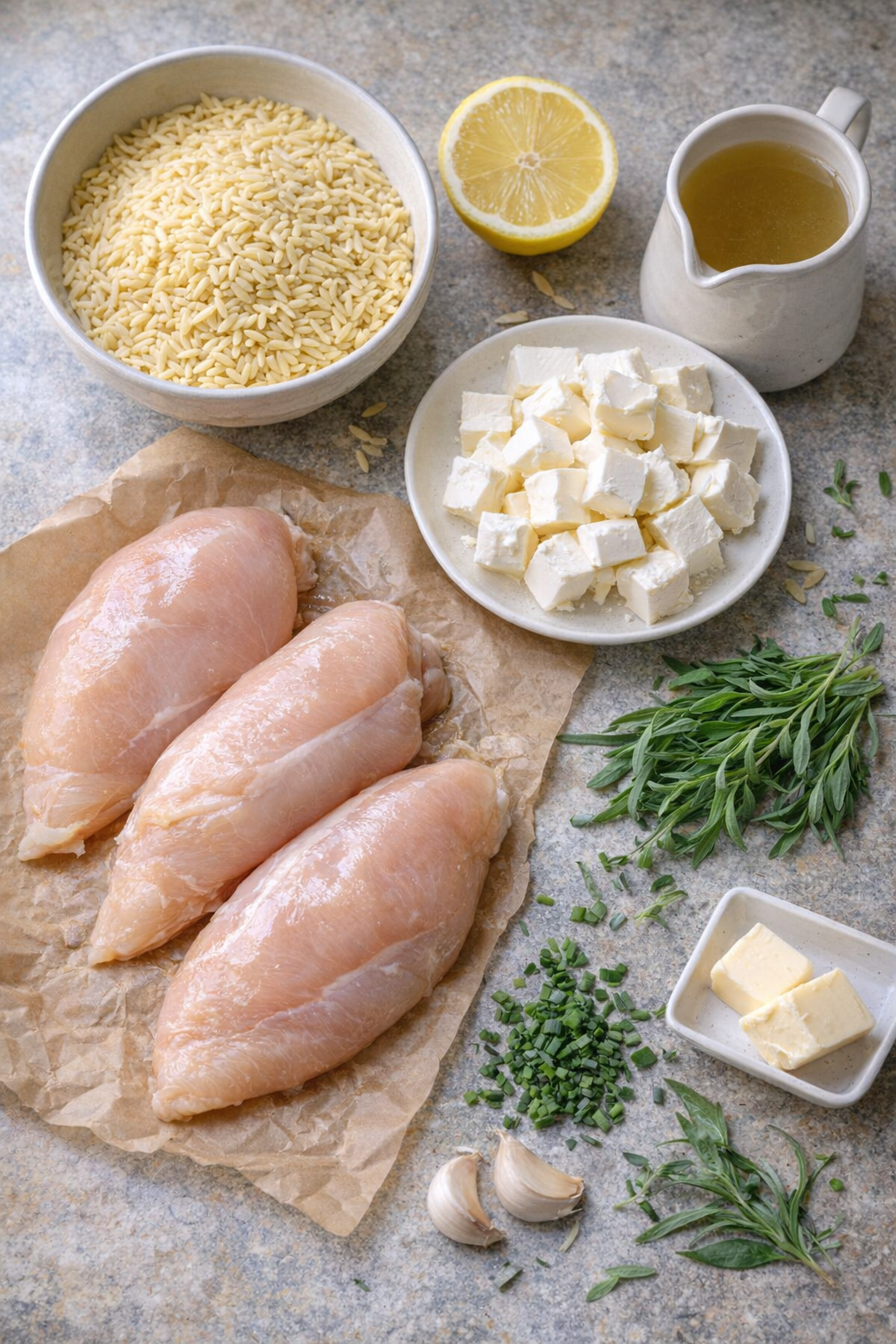 Slow cooker chicken orzo ingredients gathered on a farmhouse counter