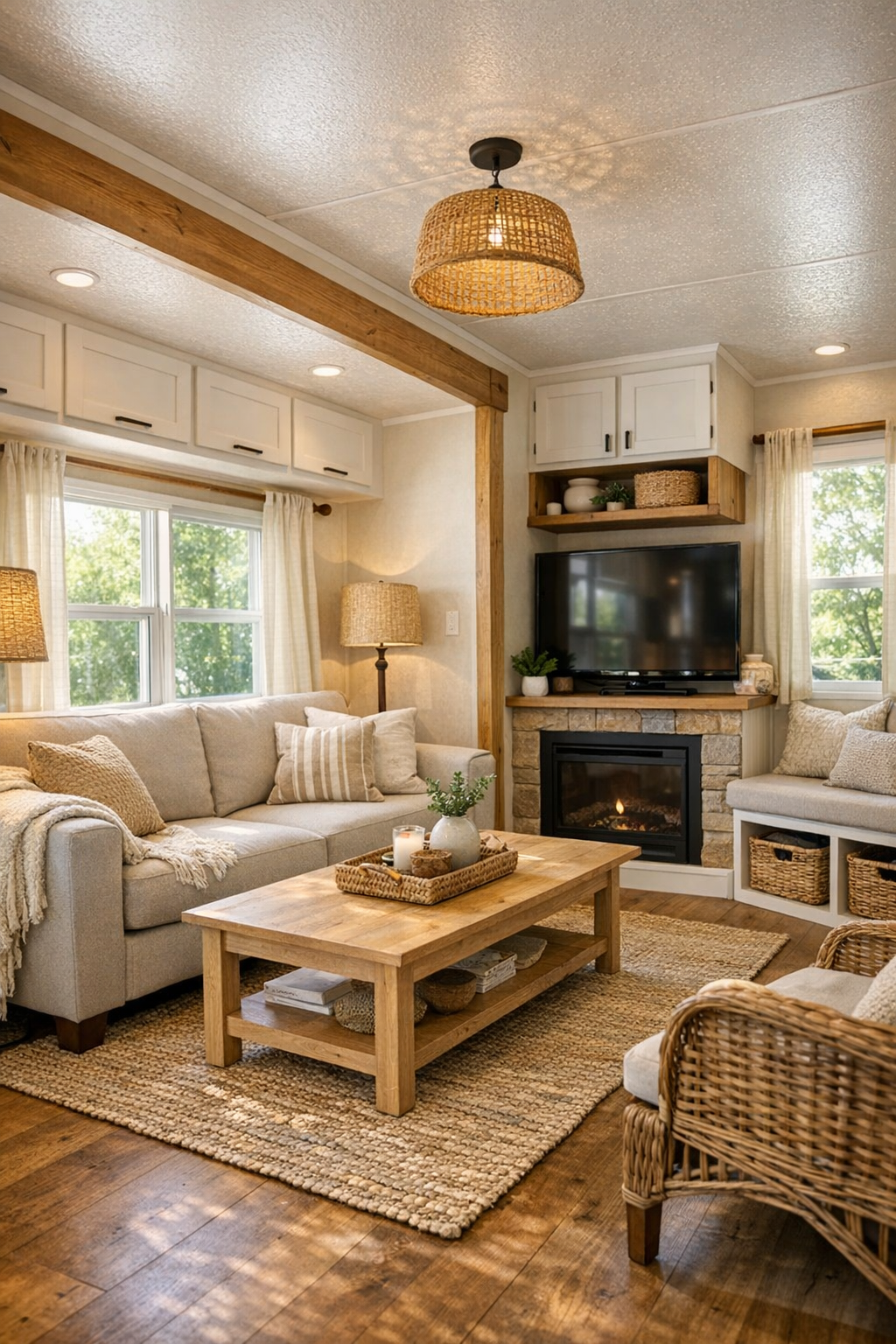 Bright cottage-style living room with neutral seating, warm wood accents, and large windows