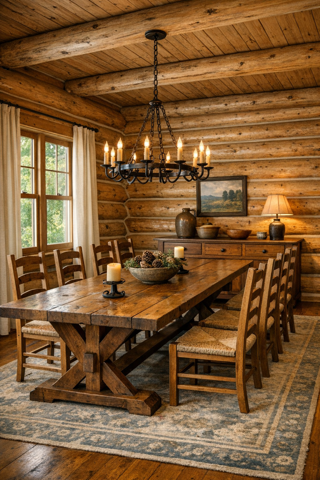 Amish-inspired dining room with trestle table, ladder-back chairs, and warm wood finishes