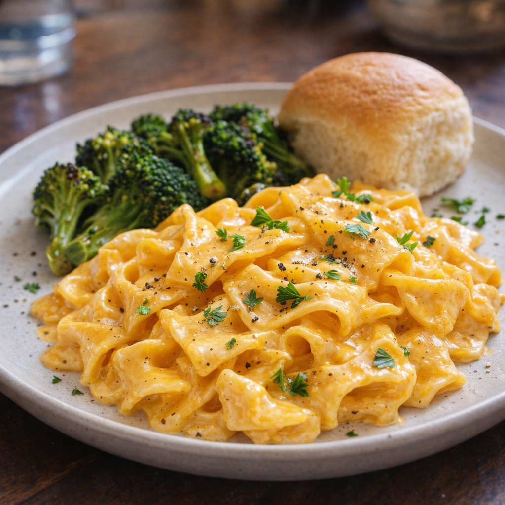 Cheese noodles served with vegetables
