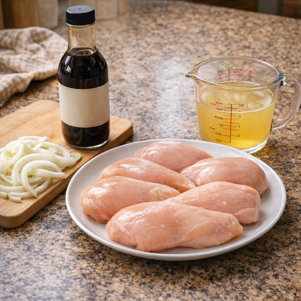 Slow cooker teriyaki chicken ingredients gathered on a kitchen counter