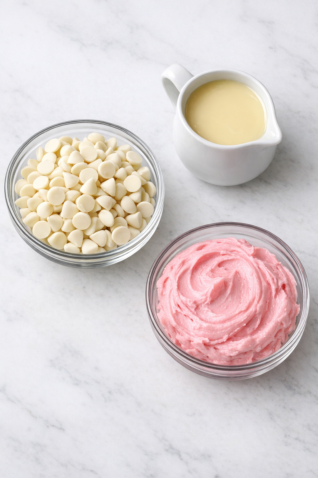 White chocolate chips, sweetened condensed milk, and strawberry frosting