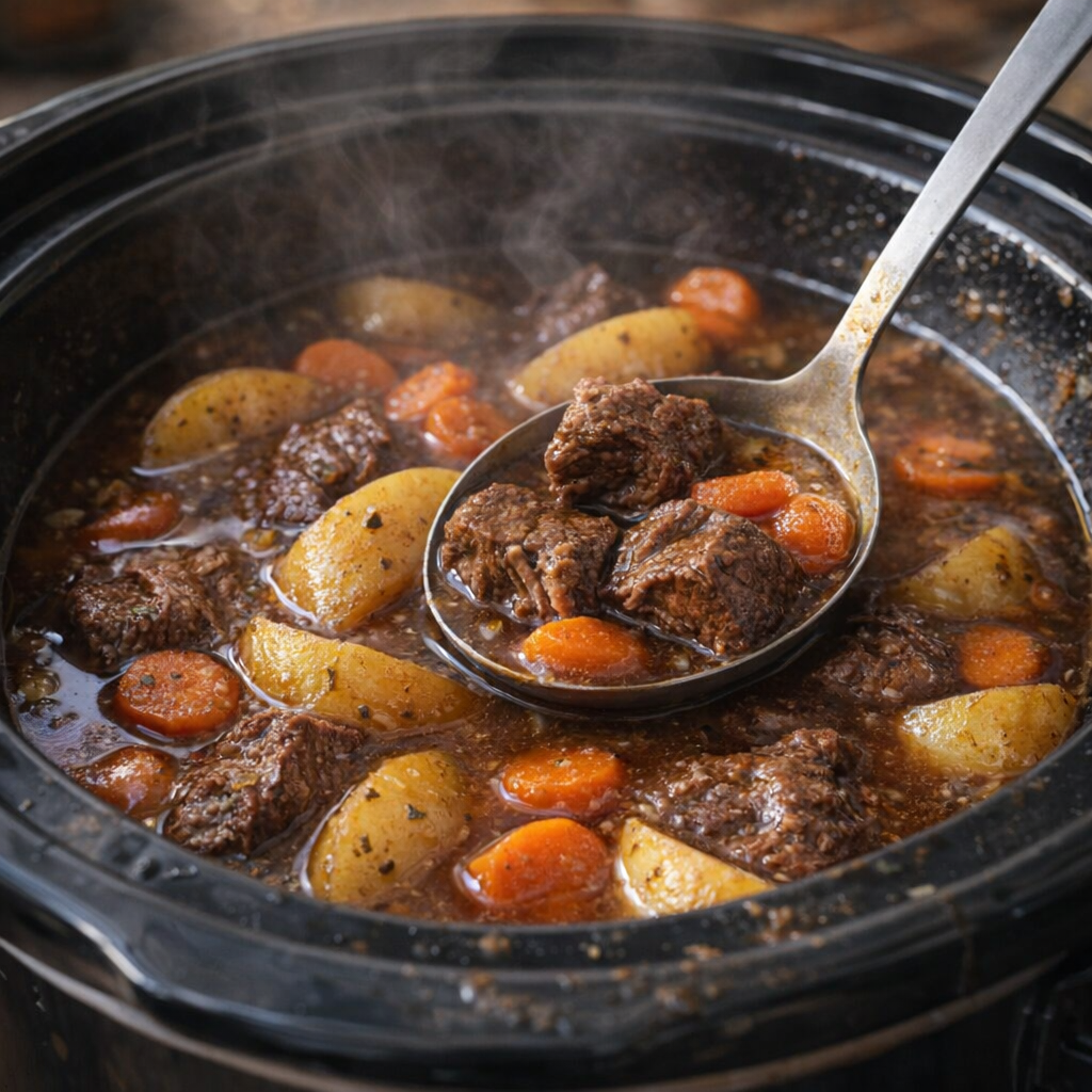 Finished beef stew in the slow cooker with a spoon stirring