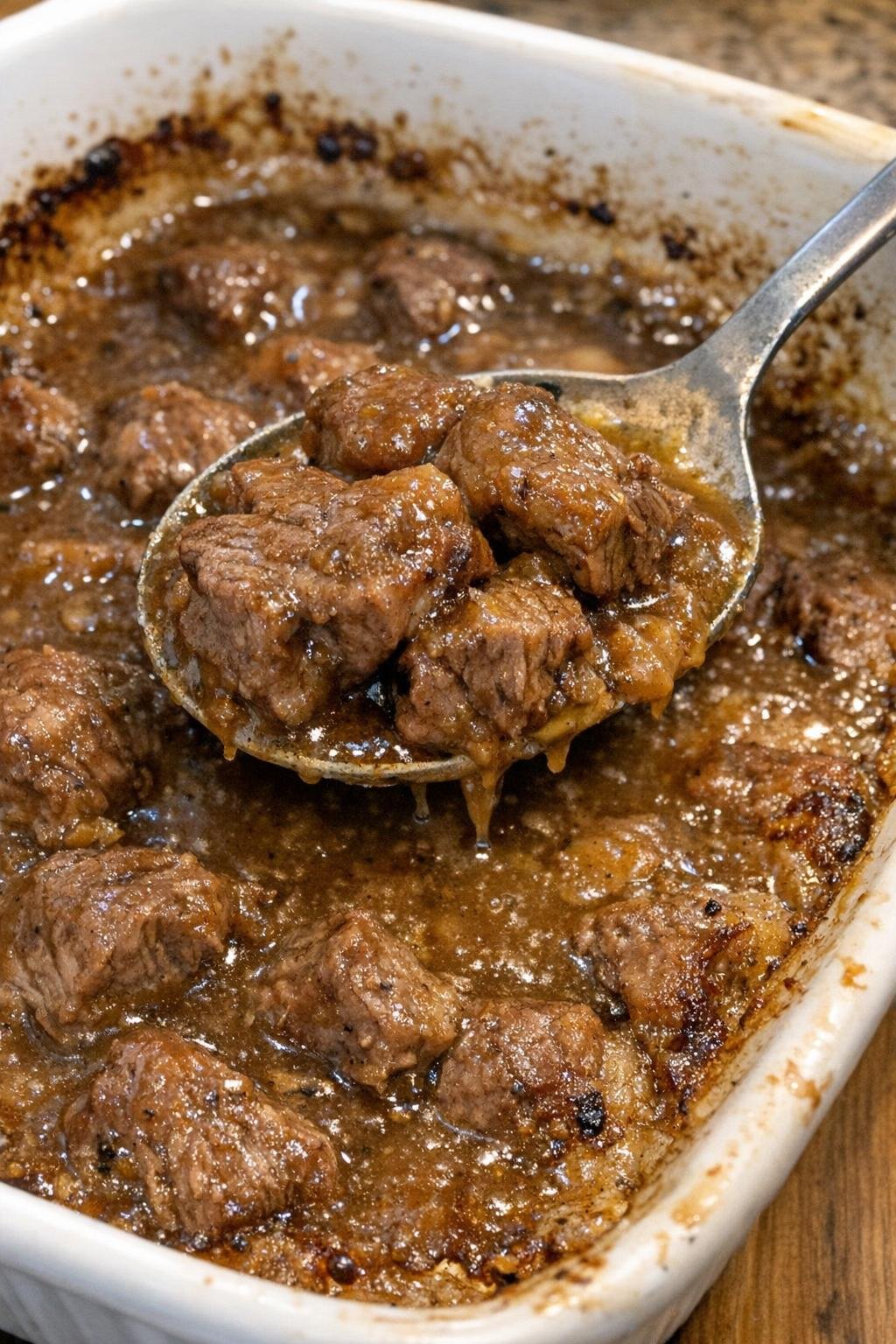 Tender beef chunks in rich brown gravy in a casserole dish