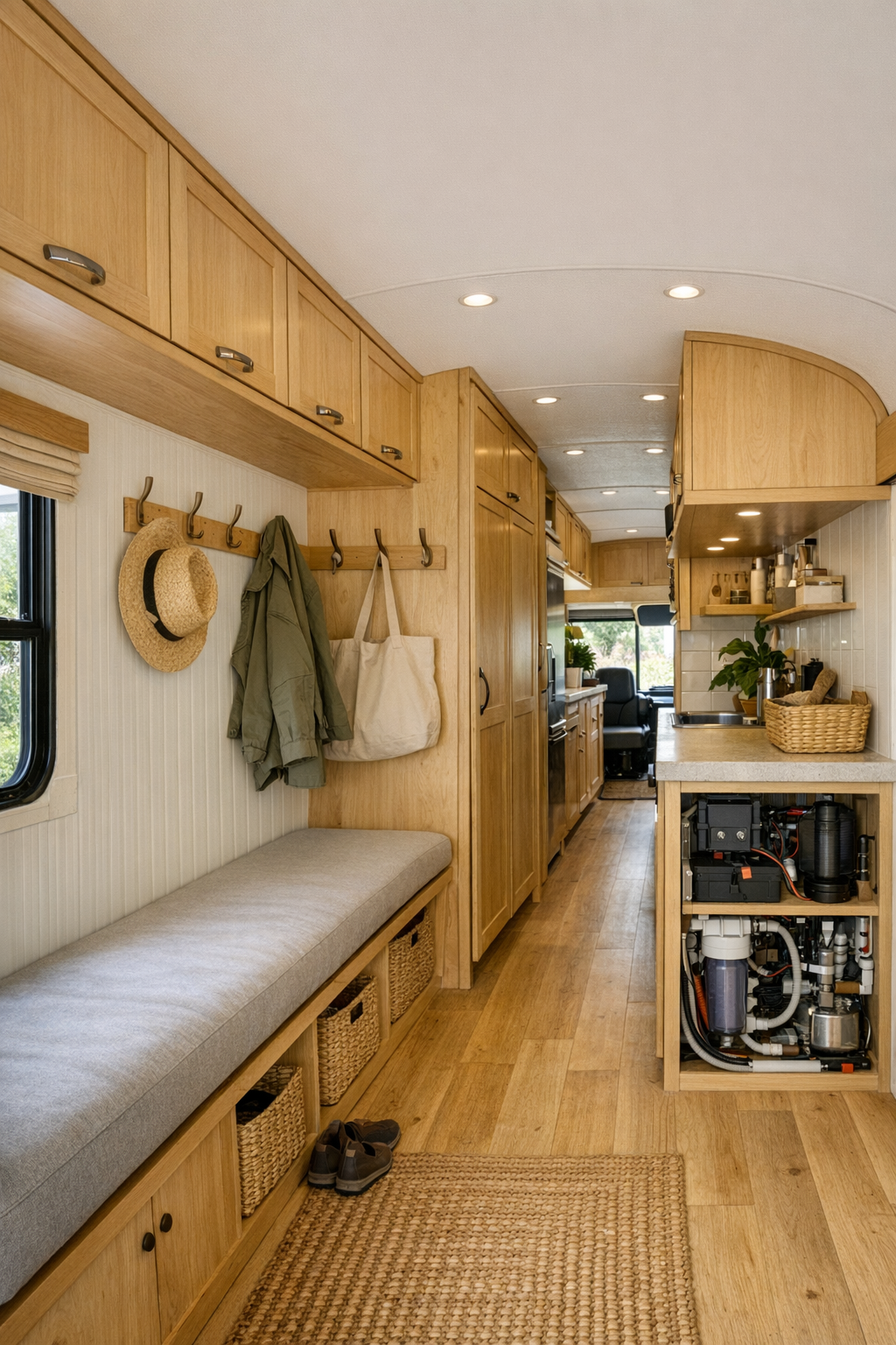 Functional entry and hallway area in a converted bus with built-in storage and wood finishes