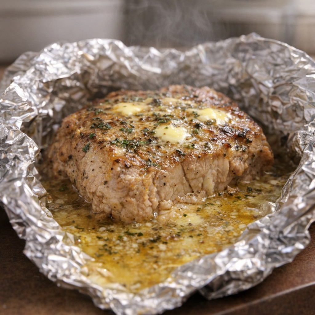 Tender ranch pork chop opened in a foil packet