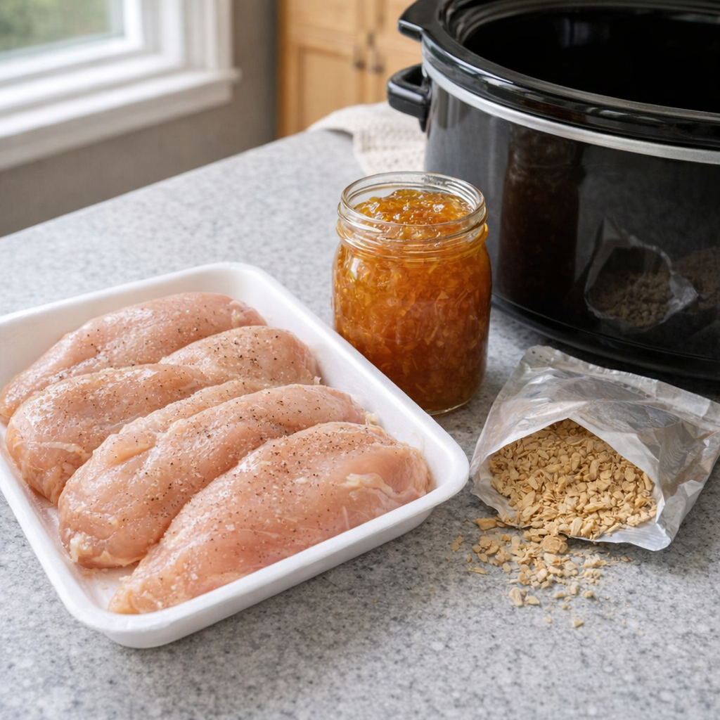 Slow cooker apricot chicken ingredients on a kitchen counter