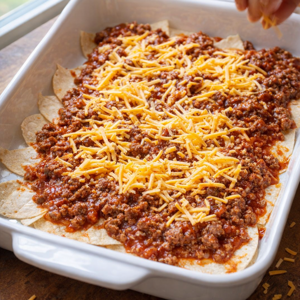 First layer of casserole assembled with tortillas beef and cheese