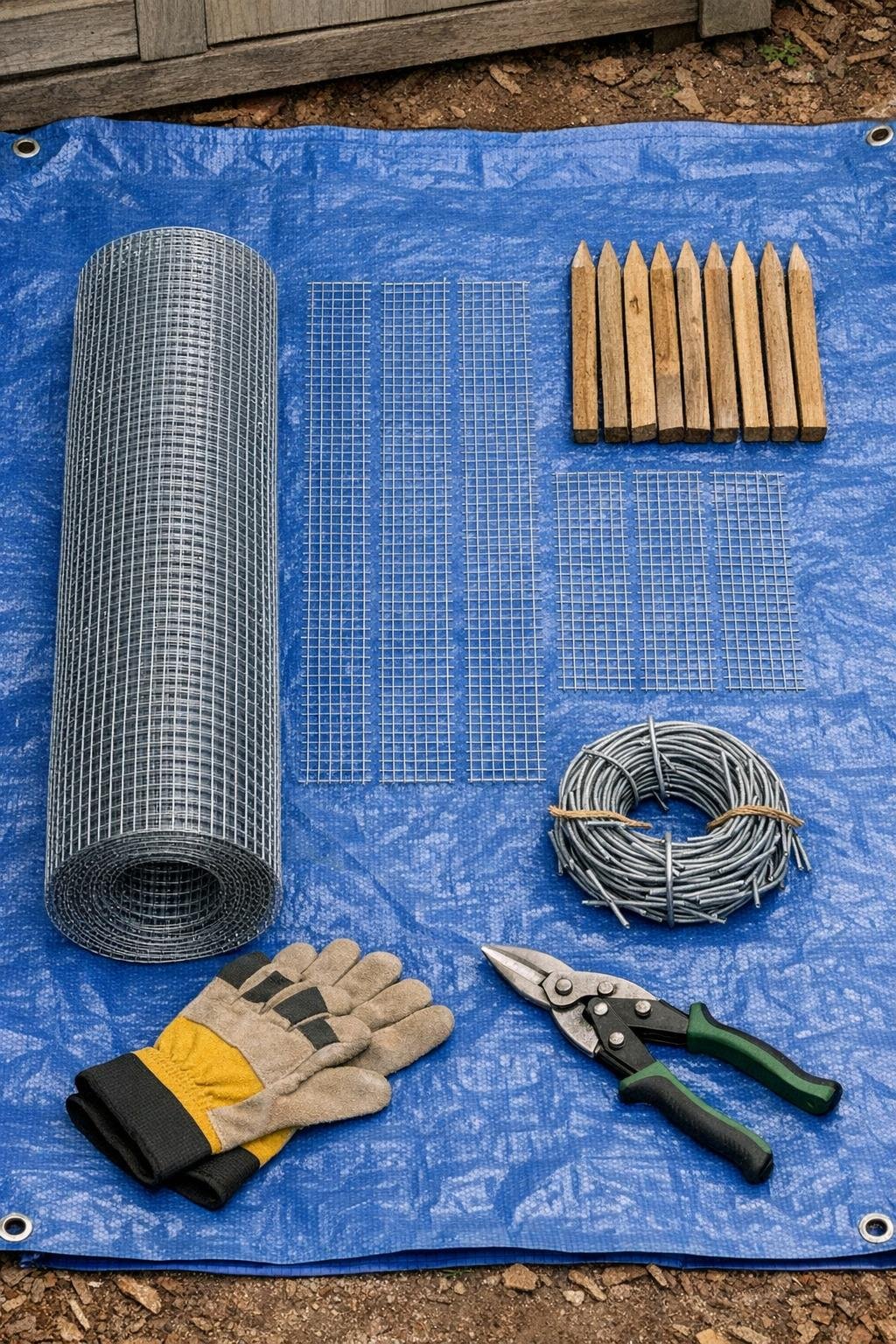 Materials for building a wire hardware cloth garden bed critter cage laid out on a tarp