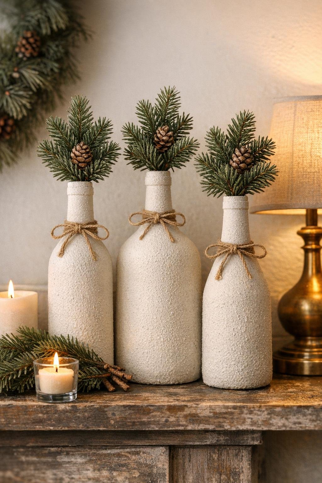 Finished winter bottle vases made from painted wine bottles styled on a mantel