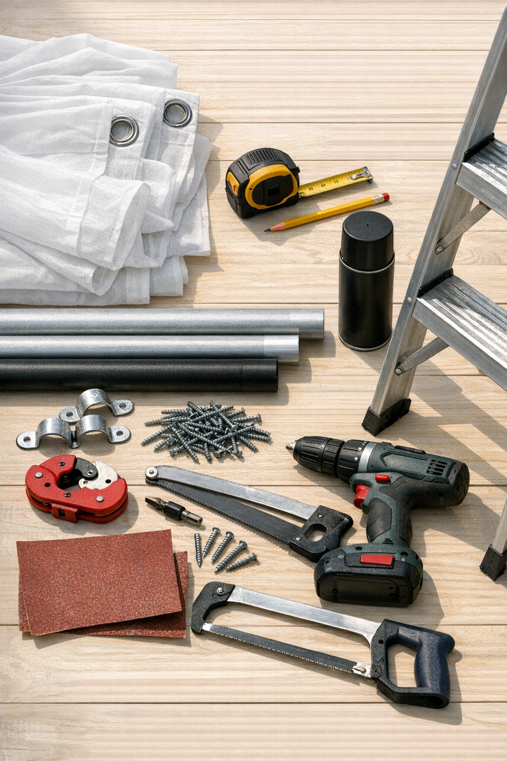 Outdoor curtain rod materials laid out together