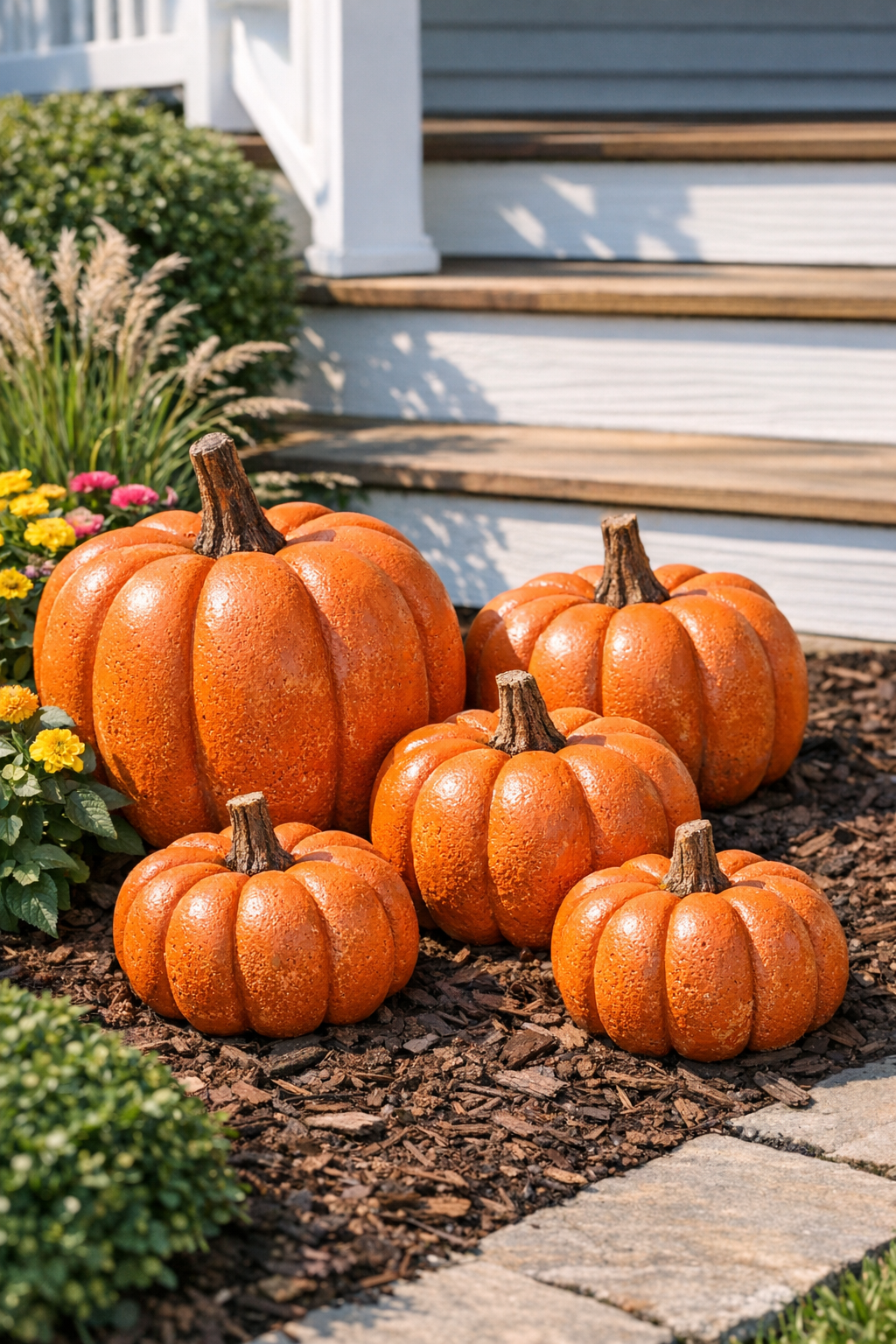 Finished orange scalloped cement garden pumpkins displayed outdoors