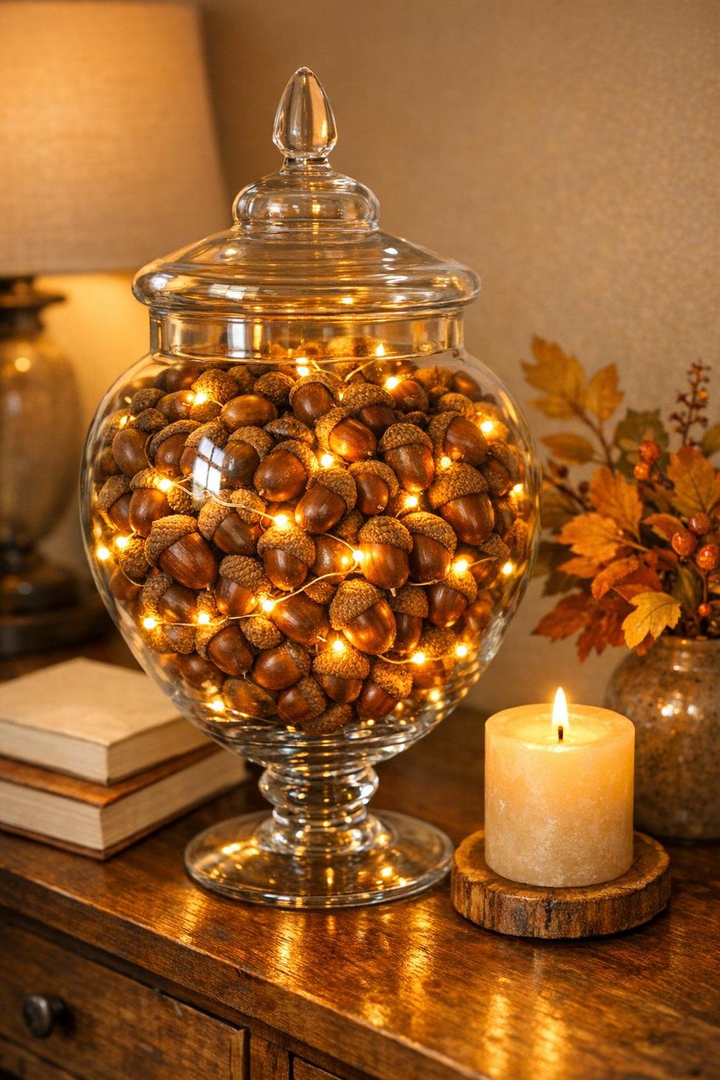 Finished acorn and fairy light apothecary jar display in a living room