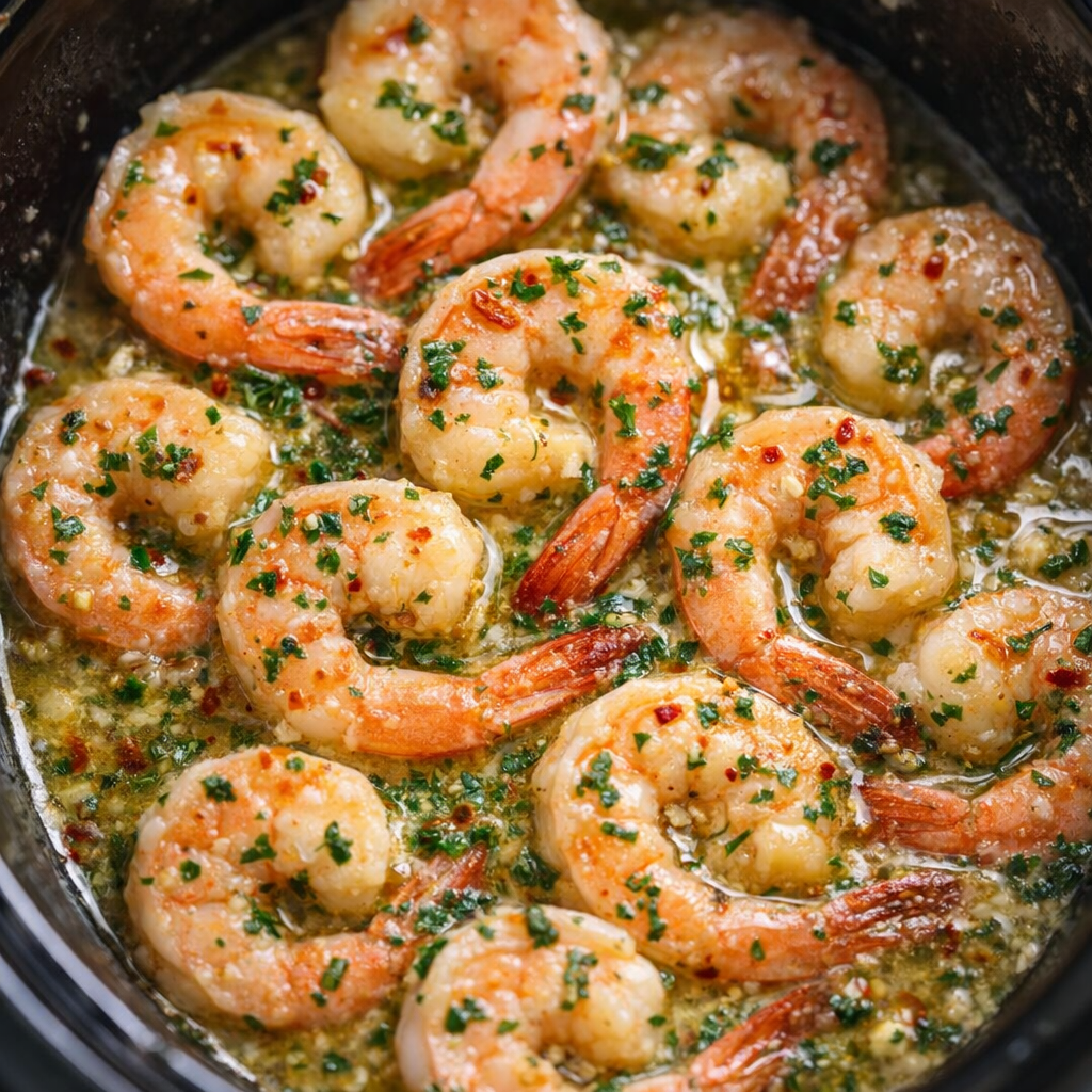Close-up of shrimp with parsley and red pepper flakes