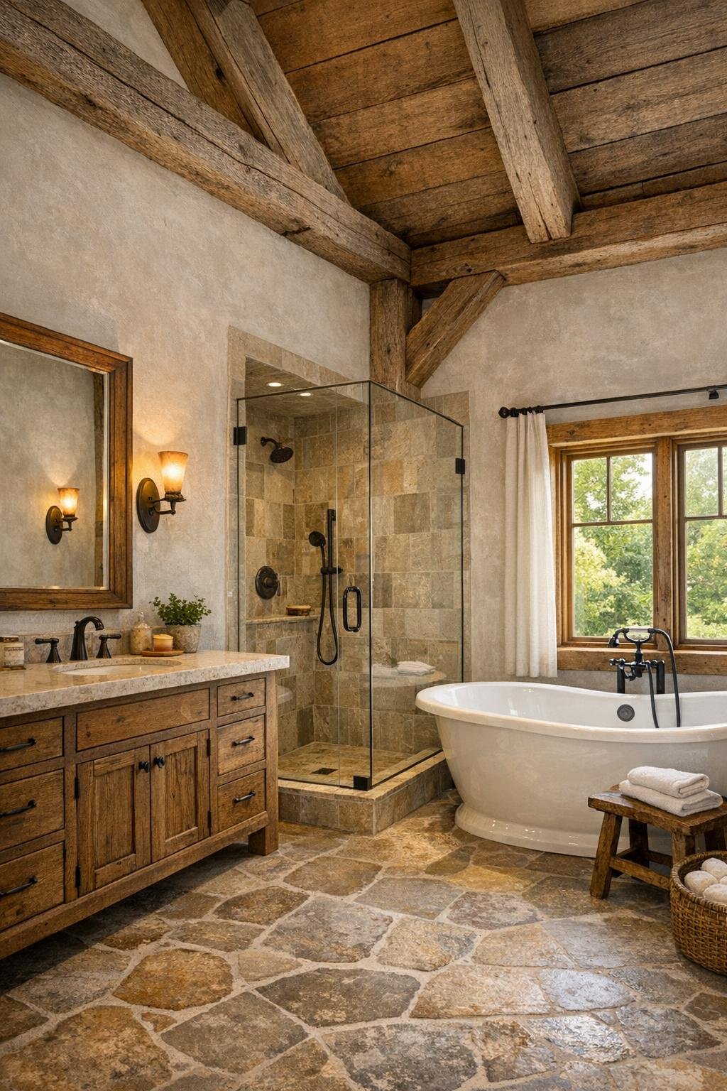 Rustic bathroom with freestanding tub, aged oak vanity, and stone-inspired finishes