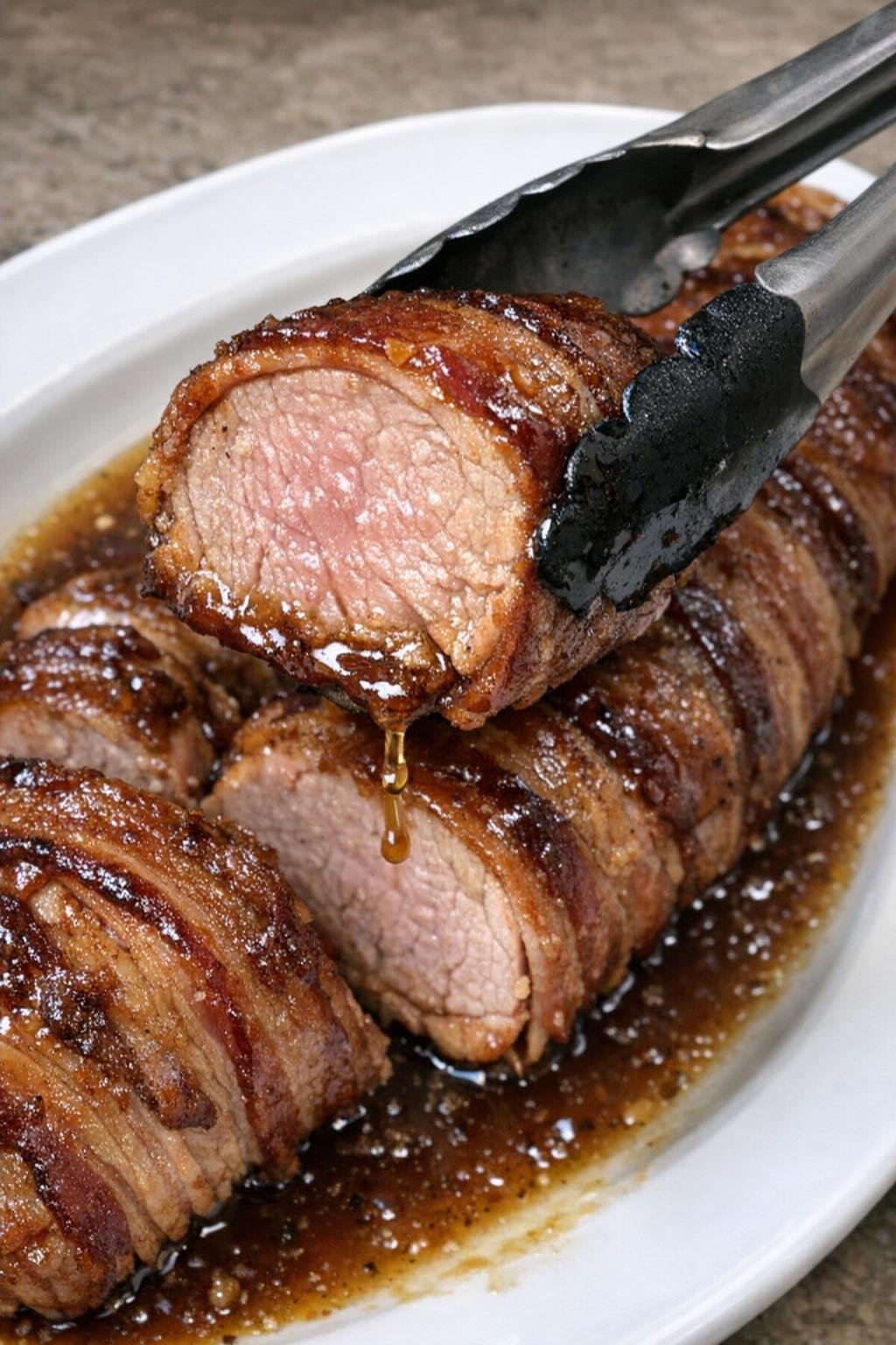 Slow cooker brown sugar bacon pork tenderloin on a white platter