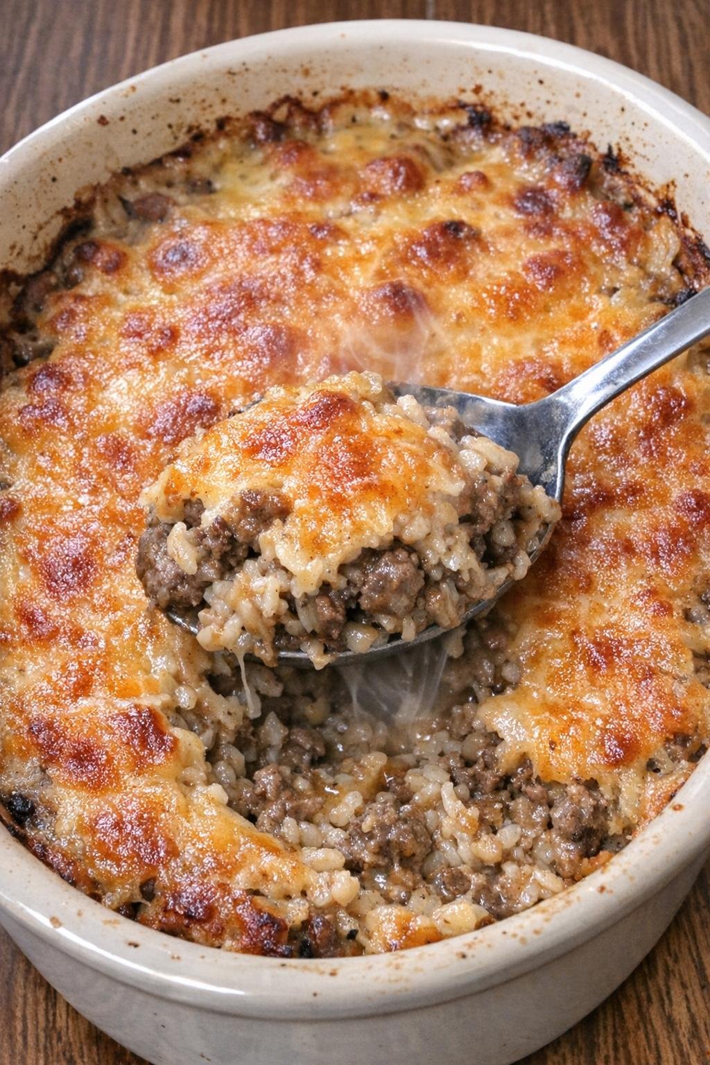 Bubbling beef bake with melted cheese in a ceramic baking dish