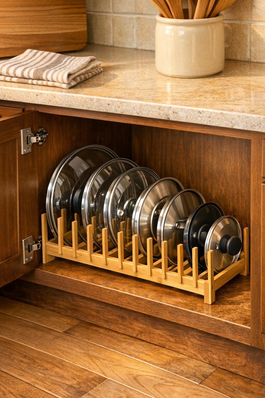 Finished bamboo pan lid organizer inside a deep lower kitchen cabinet