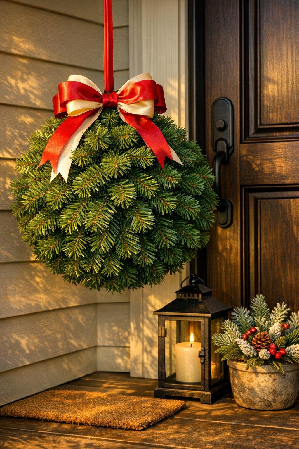 Completed evergreen porch kissing ball hanging by a front door