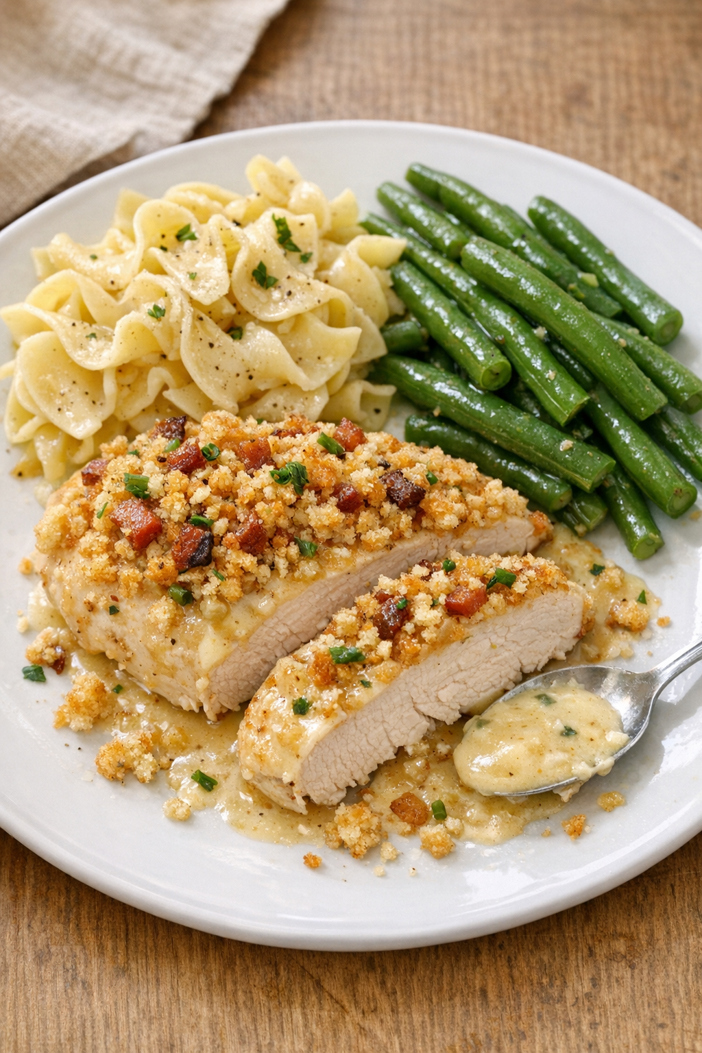 Finished party chicken plated with creamy sauce and crumb topping